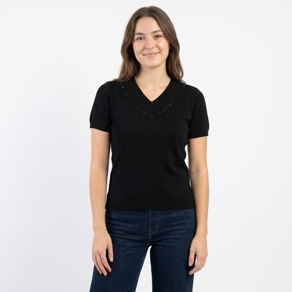 80s/90s Hong Kong Beaded Silk Blend Knit Sweater Top Black V-Neck Refined Grunge - Picture 5 of 5